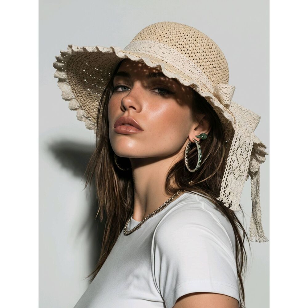 🔸️NWT Cream Wide Brim Ruffled Lace Straw Hat